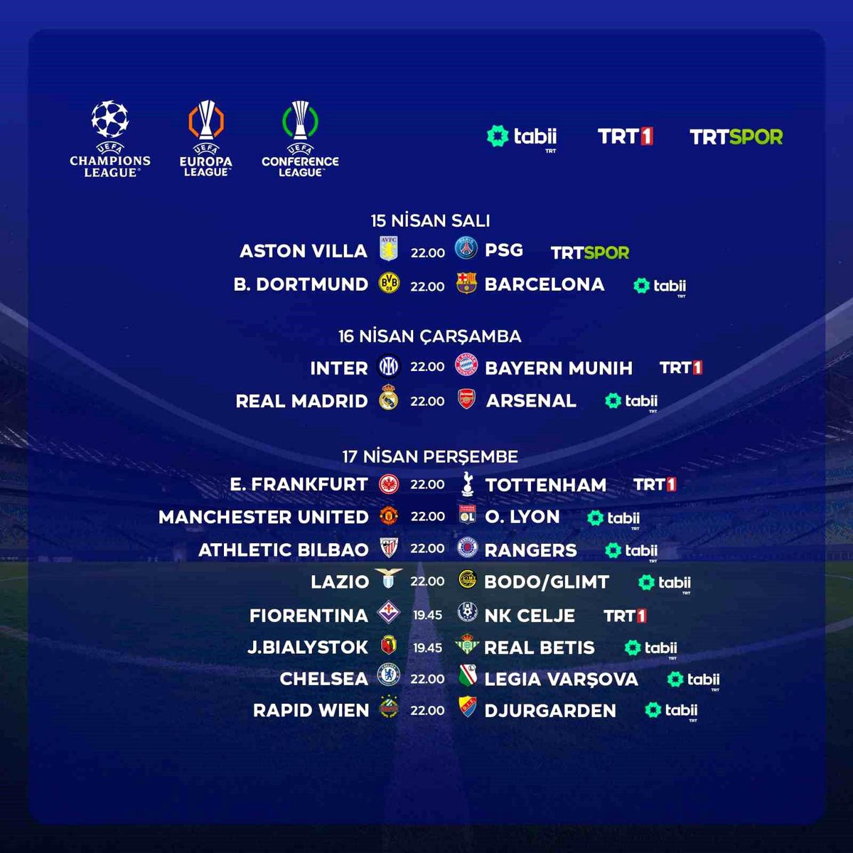 UEFA Çeyrek Final Maçları TRT’de Canlı Yayınlanacak
