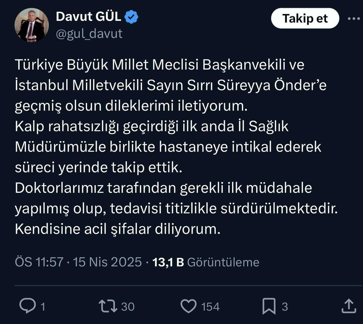 Vali Davut Gül’den Sırrı Süreyya Başkan’a Geçmiş Olsun İletisi